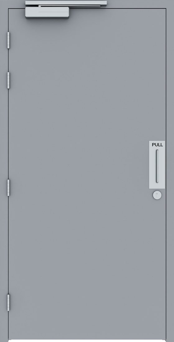 Grey ProMetal steel door with door closer and pull handle